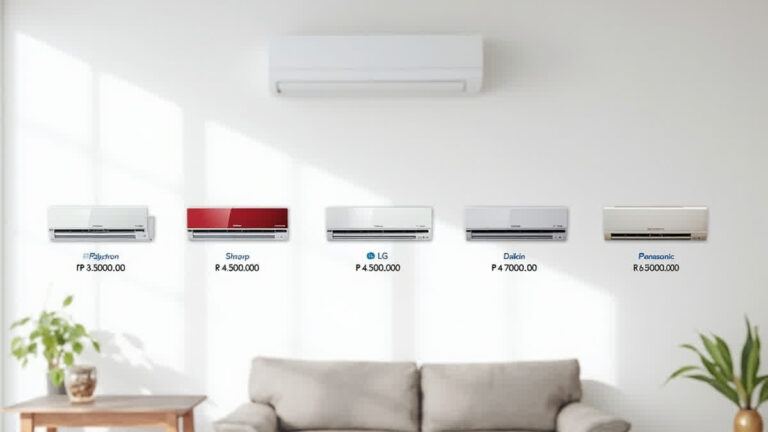 Lima unit AC inverter 1 PK entry-level - Polytron, Sharp, LG, Daikin, Panasonic - dengan label harga Rupiah