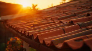 Genteng tanah liat tradisional di atap rumah joglo