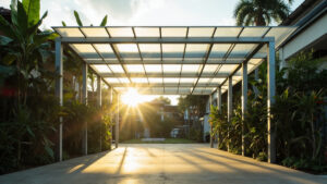 Kanopi polycarbonate dengan rangka hollow galvanis di carport rumah