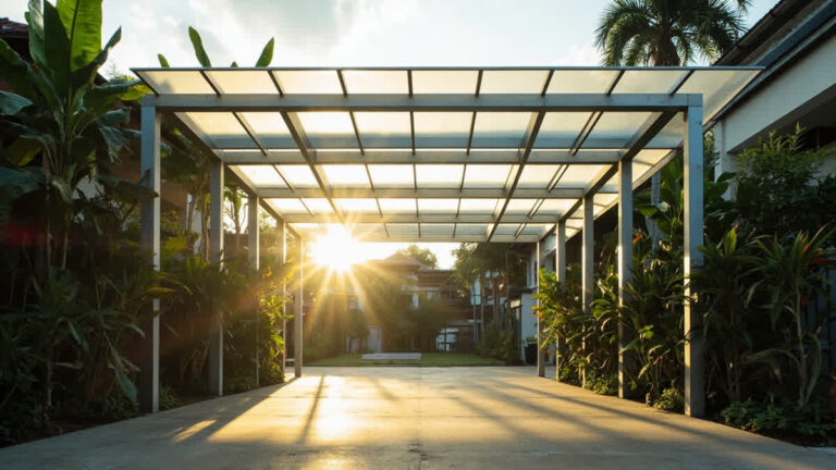 Kanopi polycarbonate dengan rangka hollow galvanis di carport rumah