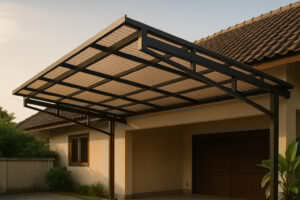 Kanopi polycarbonate dengan rangka hollow terpasang pada carport rumah minimalis Indonesia