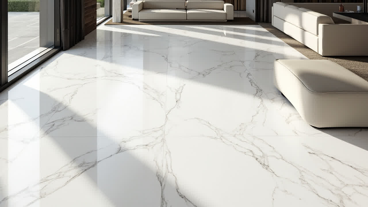 Lantai marmer polished dengan urat natural di rumah minimalis