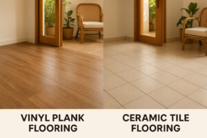 Perbandingan lantai vinyl plank dan keramik dengan tekstur realistis di rumah minimalis Indonesia