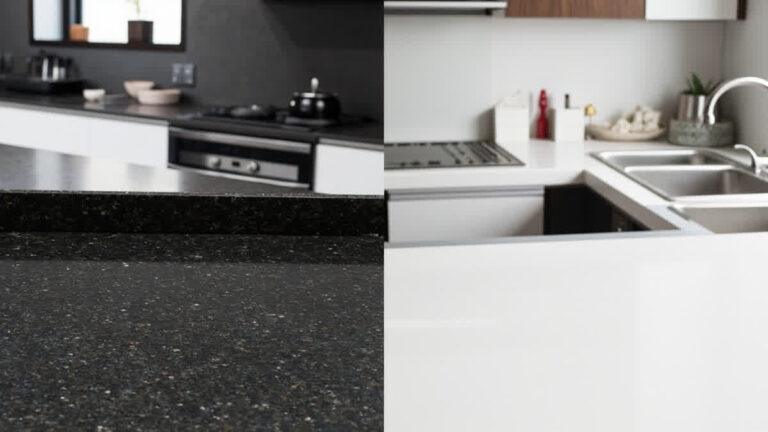 perbandingan meja dapur granit gelap dan solid surface putih untuk renovasi dapur