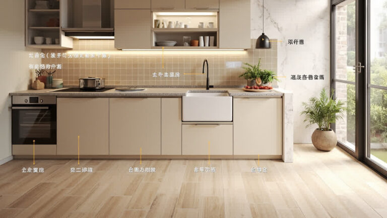 Material renovasi dapur: granit countertop, keramik backsplash, vinyl lantai, HPL kabinet, stainless steel wastafel