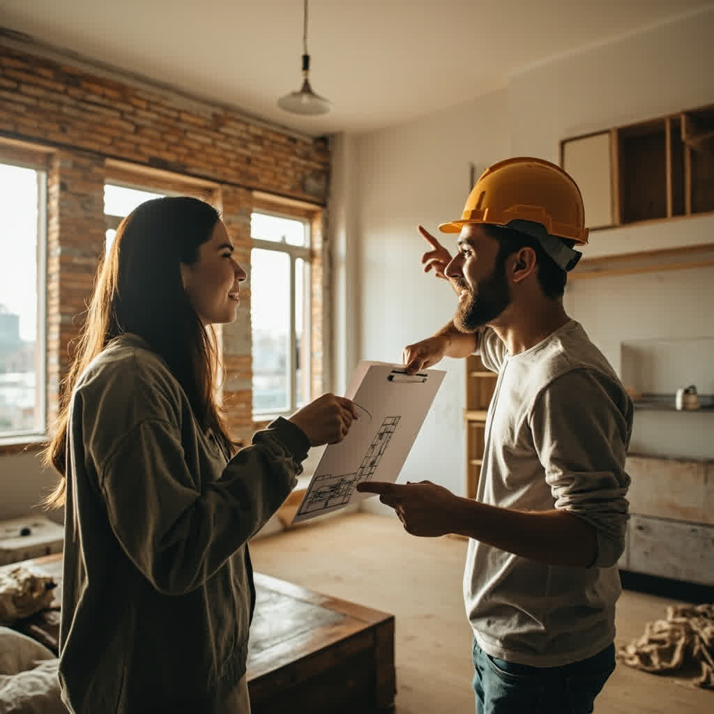 Kontraktor dan pemilik rumah berdiskusi soal rencana perbaikan dan renovasi
