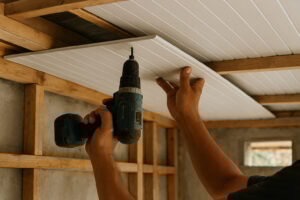 Pemasangan plafon PVC pada rangka hollow dengan sambungan panel rapi di rumah Indonesia