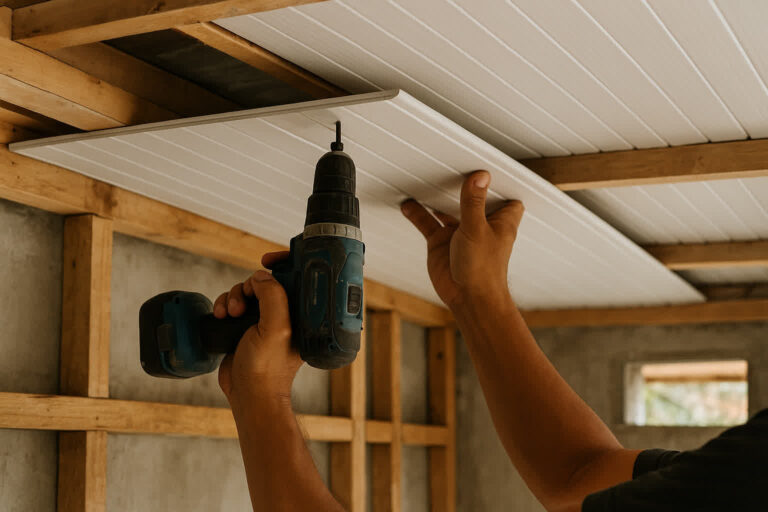 Pemasangan plafon PVC pada rangka hollow dengan sambungan panel rapi di rumah Indonesia