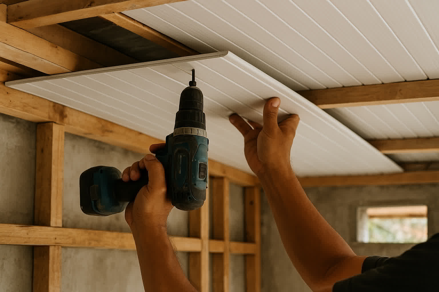 Pemasangan plafon PVC pada rangka hollow dengan sambungan panel rapi di rumah Indonesia