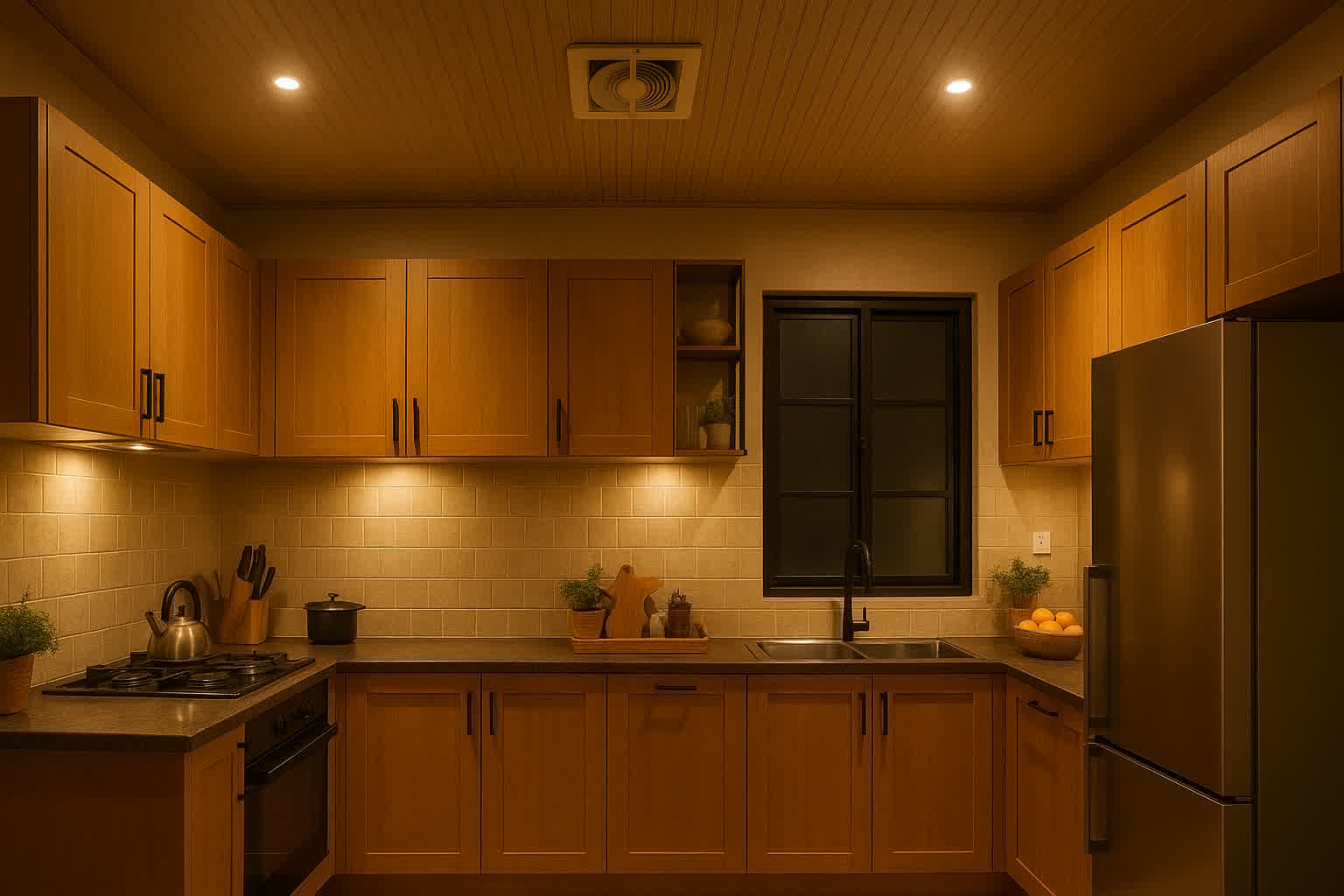 Interior dapur modern dengan plafon PVC tahan panas ventilasi baik Indonesia