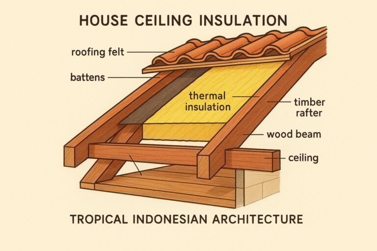 Penampang melintang insulasi plafon rumah dengan material thermal tropis
