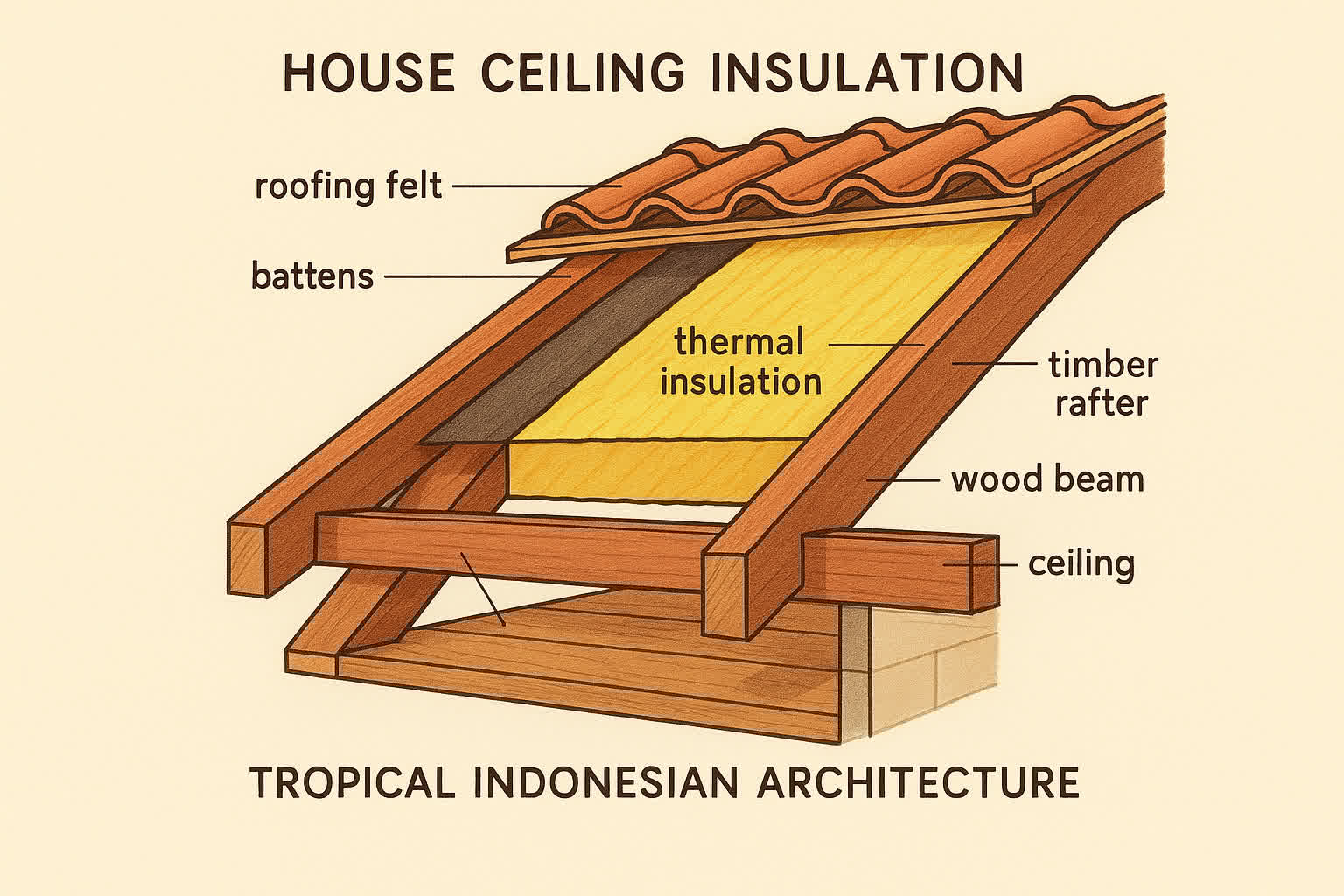 Penampang melintang insulasi plafon rumah dengan material thermal tropis Indonesia