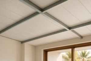 Plafon PVC putih terpasang di ruang tamu rumah minimalis Indonesia