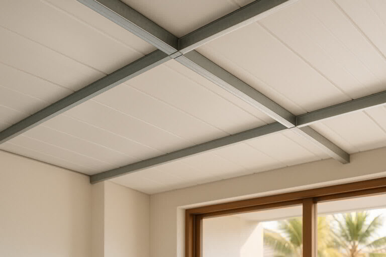 Plafon PVC putih terpasang di ruang tamu rumah minimalis Indonesia