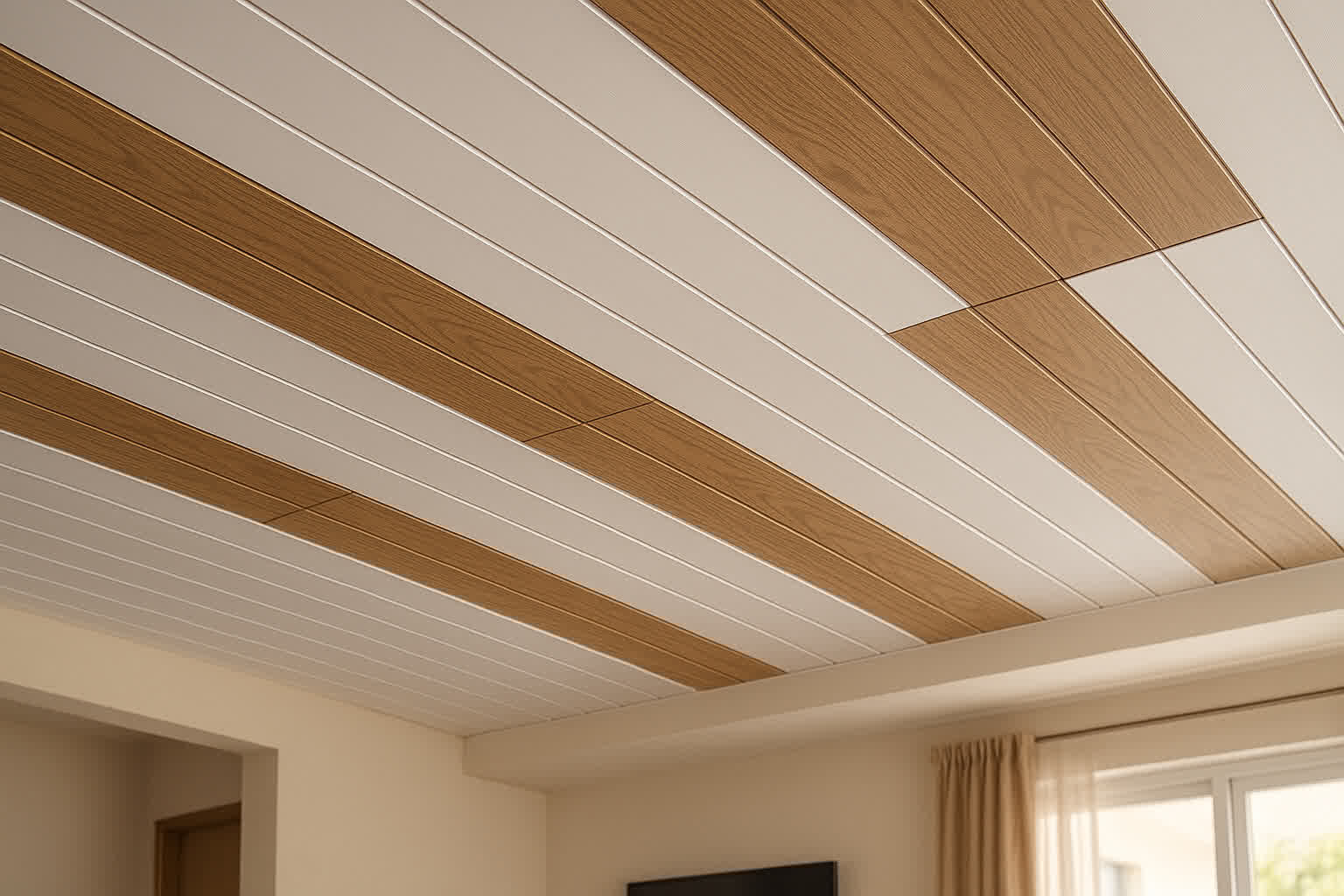 Jenis plafon PVC putih dan motif kayu terpasang rapi di ruang tamu rumah minimalis Indonesia