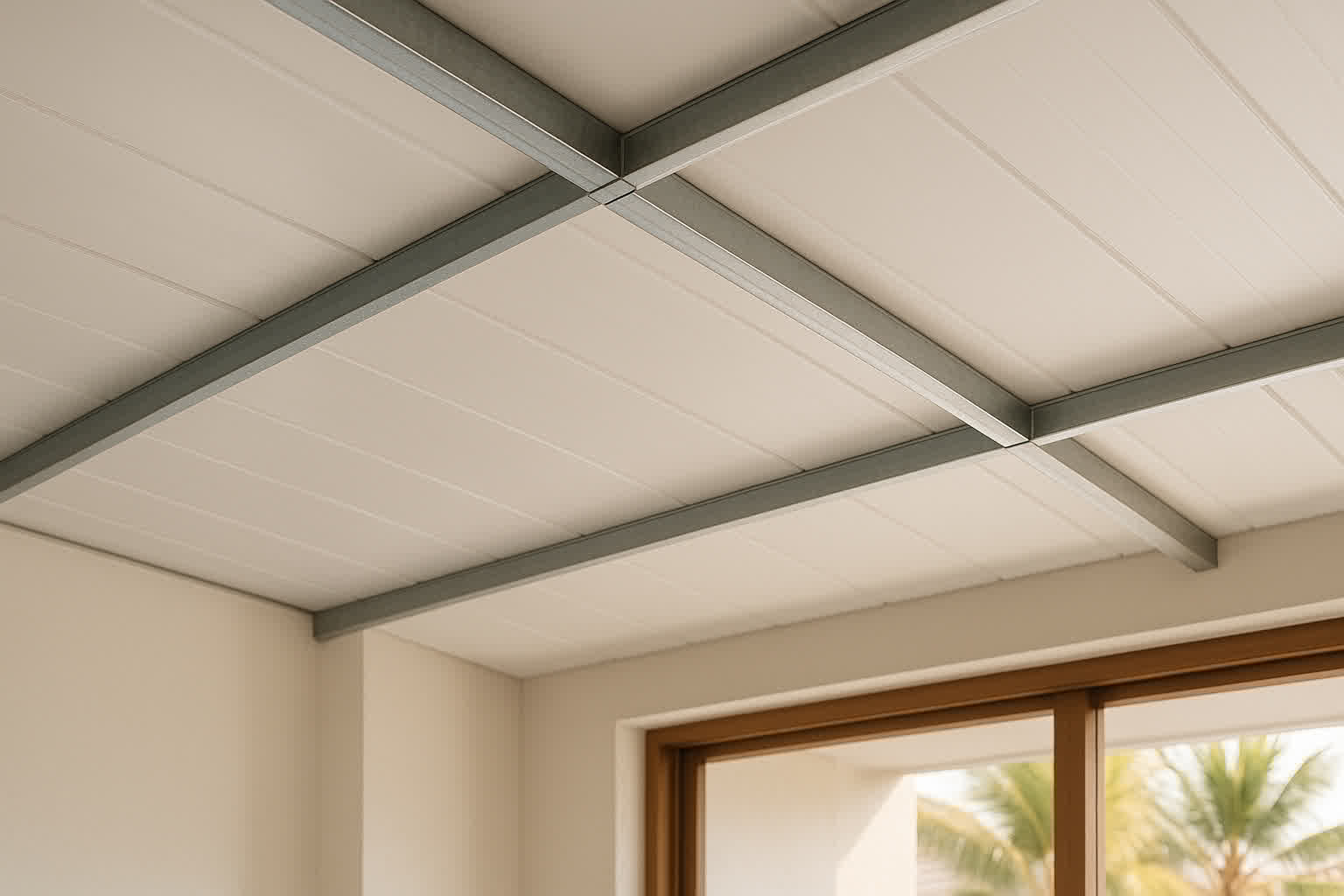 Plafon PVC putih terpasang di ruang tamu rumah minimalis Indonesia